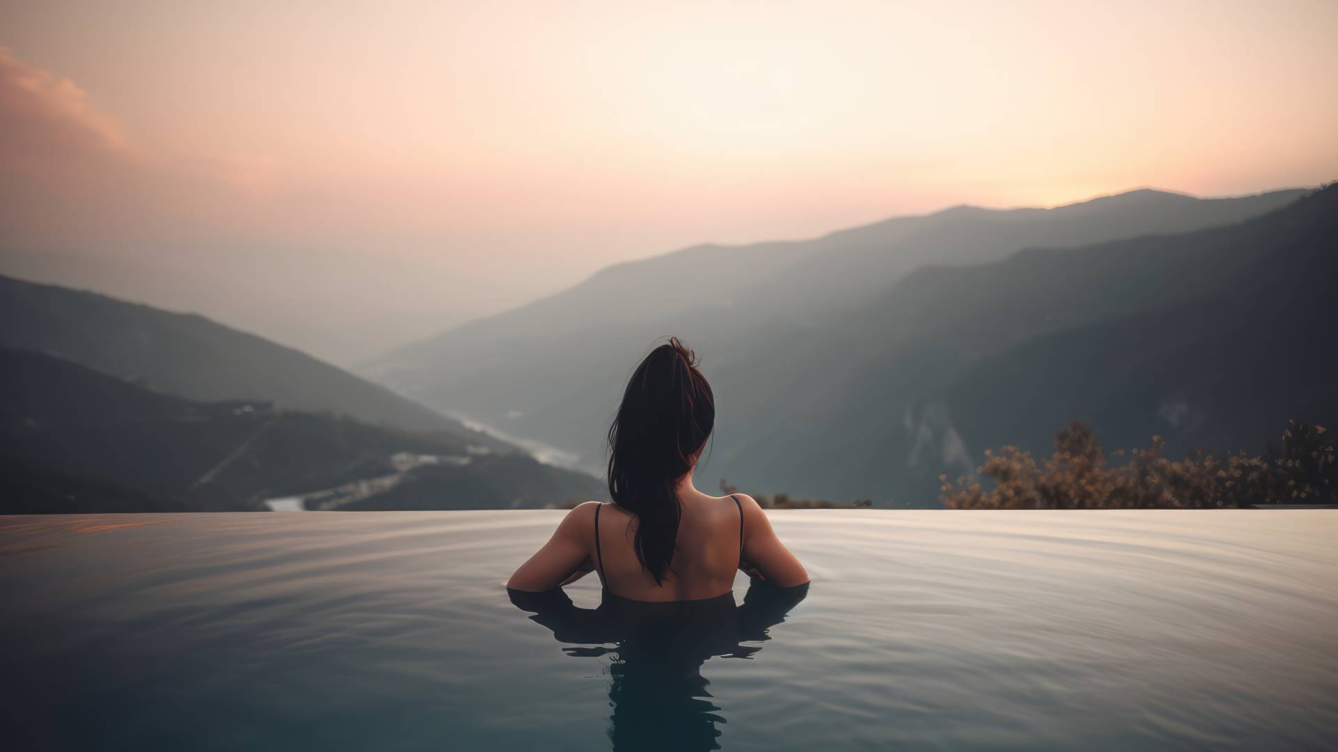 Frau in Infinity Pool bei Abenddämmerung