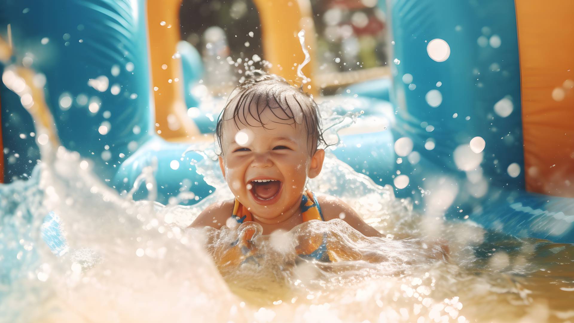 Baby laughs and has fun on a water slide