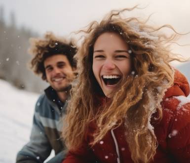 Man and woman laughing and having fun in snow in winter
