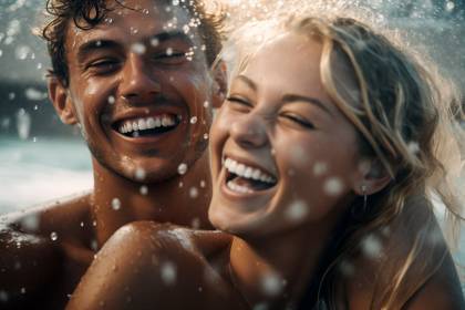Happy couple laughing in the pool